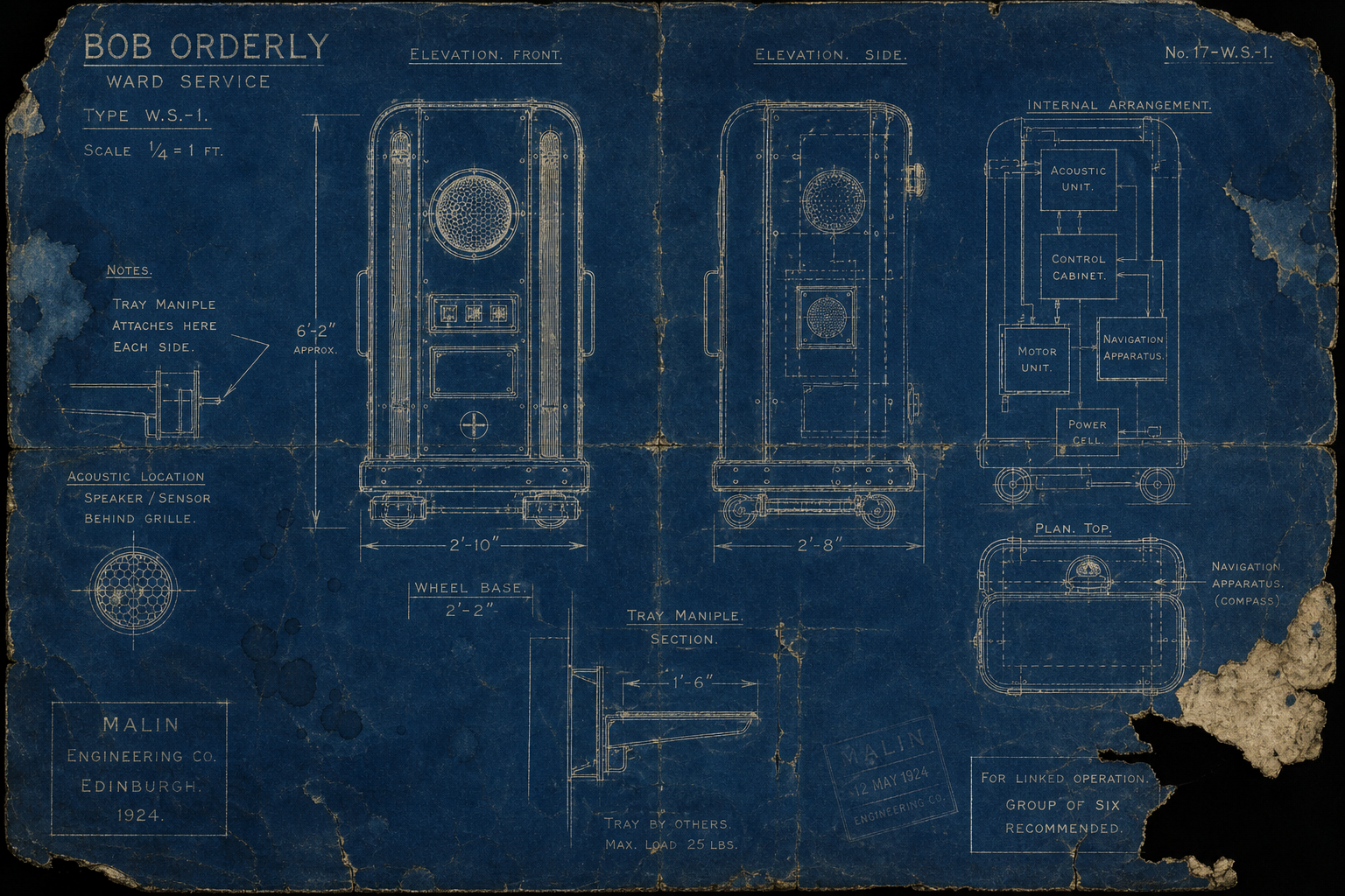 Damaged blue engineering plan showing front, side, internal, and top views of the BOB Orderly unit.