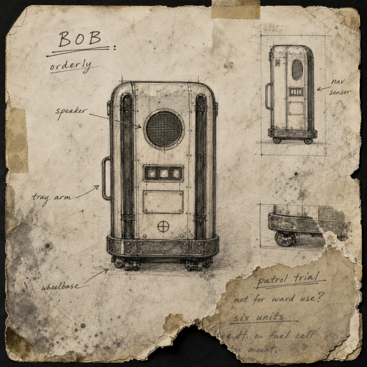 Torn pencil sketch sheet of a BOB Orderly unit with handwritten labels for speaker, tray arm, wheelbase, and navigation sensor.