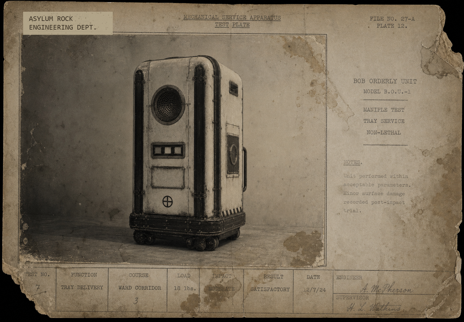 Damaged engineering test plate showing a wheeled BOB Orderly unit with typewritten ward-service notes.