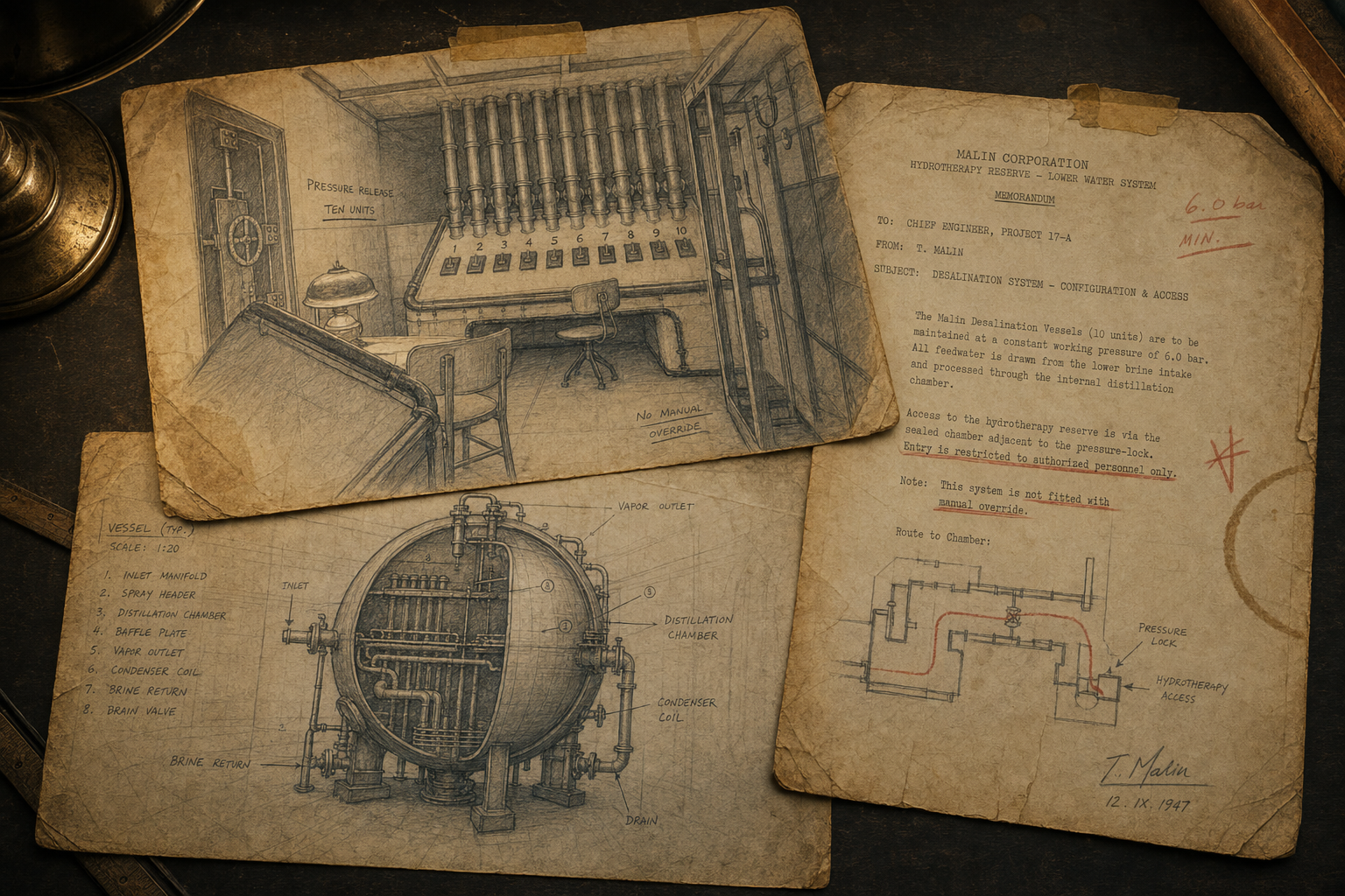 Aged engineering folio with sketches of the pressure-release controls, a desalination vessel, typed notes and marked route diagram.