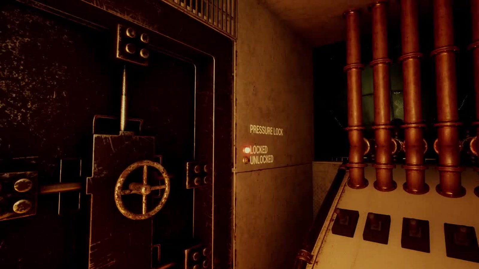 Close view of an industrial pressure-lock door beside copper pipes and black pressure-release switches.