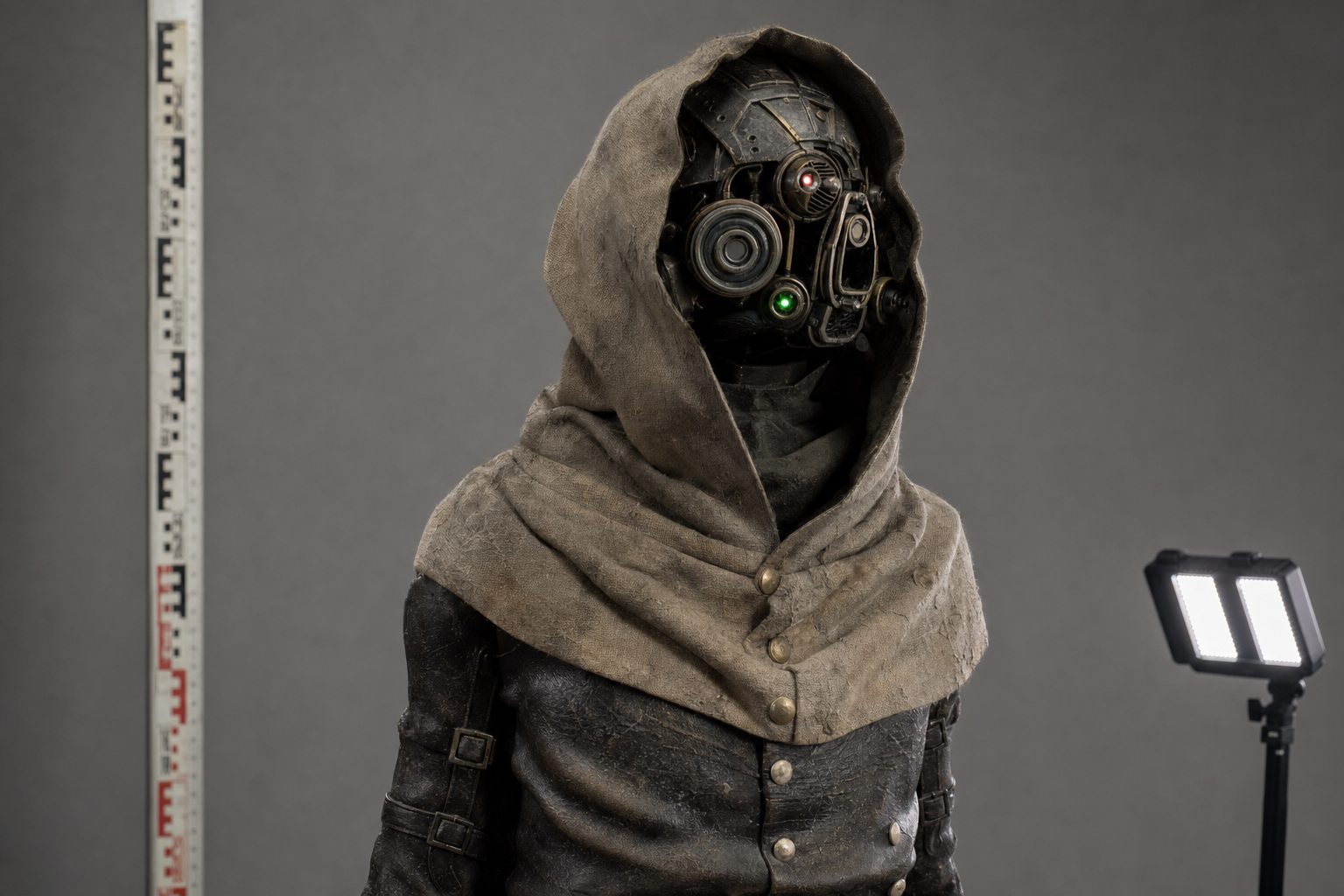 Close examination view of the Custodian's hooded mechanical head with asymmetric circular receptors and dim indicator lights.