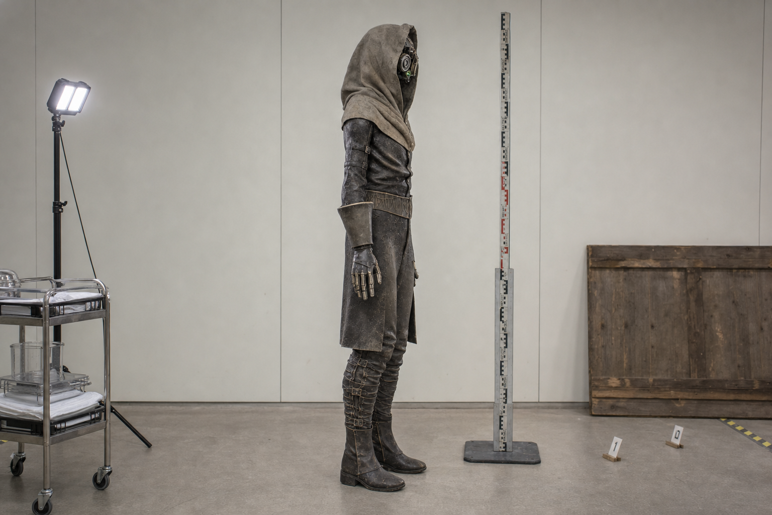 Side-profile survey of a motionless hooded Custodian unit beside a metric measuring staff in a secure laboratory.