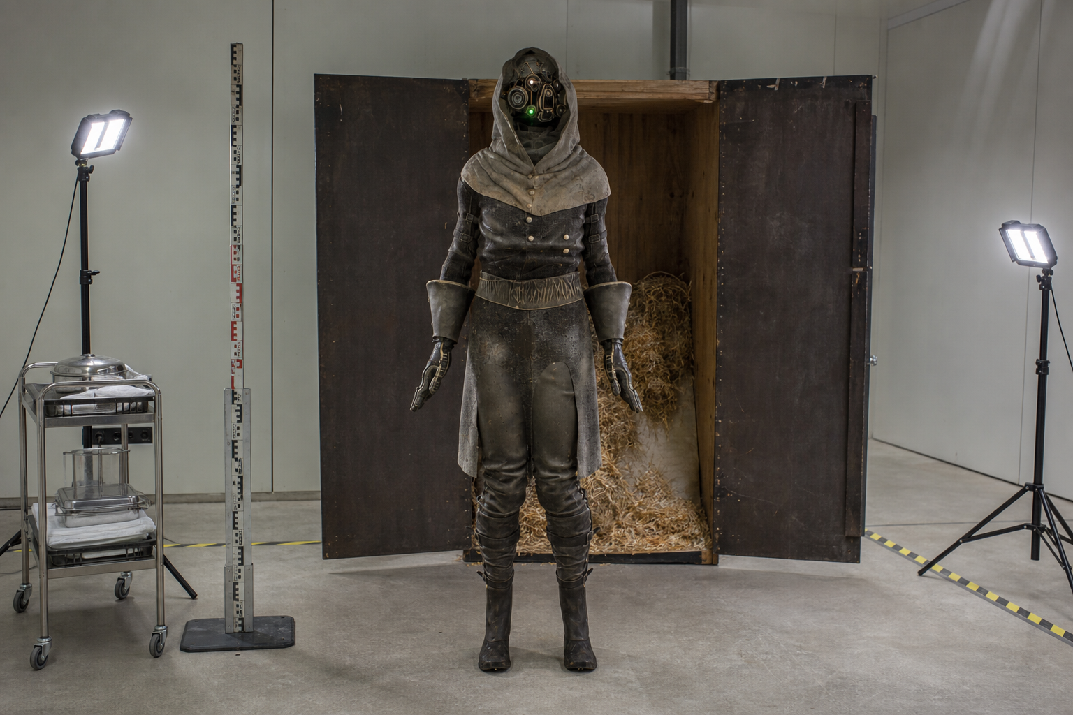 A hooded human-shaped Custodian machine standing upright in a modern examination bay before its opened wooden storage crate.