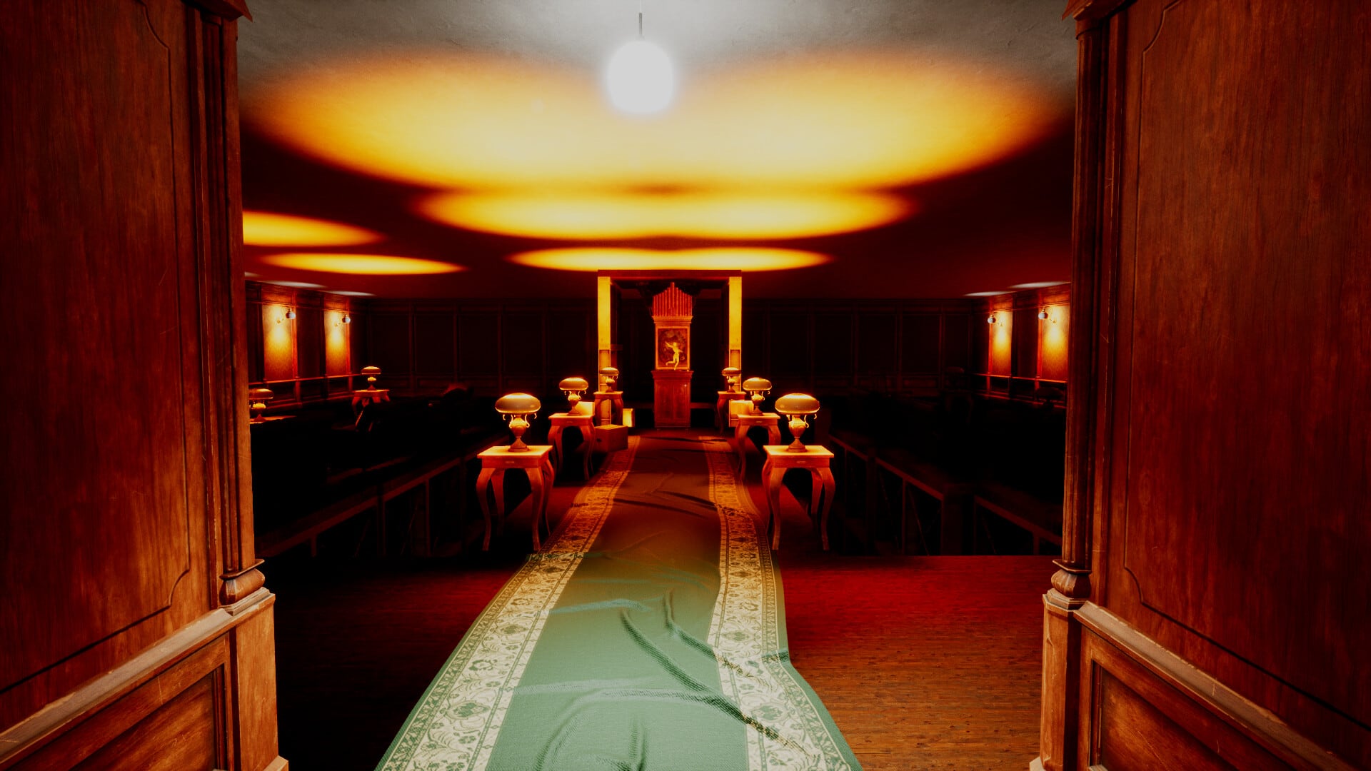 A dark wood-panelled music room with rows of chairs, small lamps, a carpet runner, and a pipe organ at the far end.
