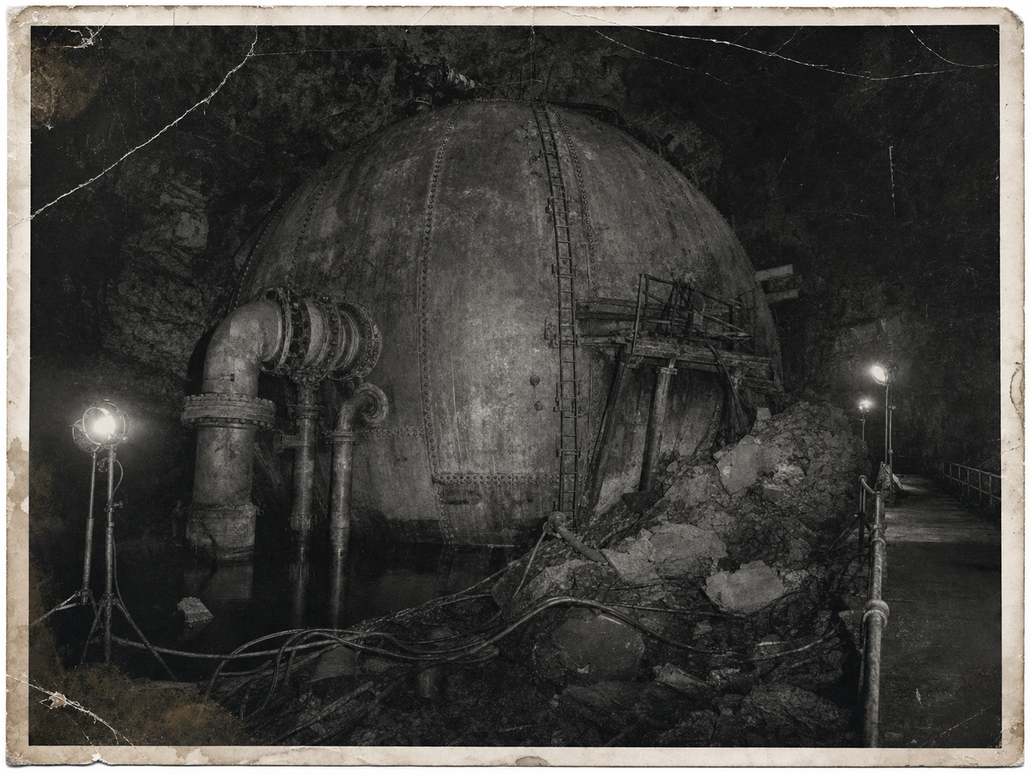 Damaged black-and-white excavation photograph of a giant riveted spherical desalination vessel beside rubble, pipes and portable lamps.