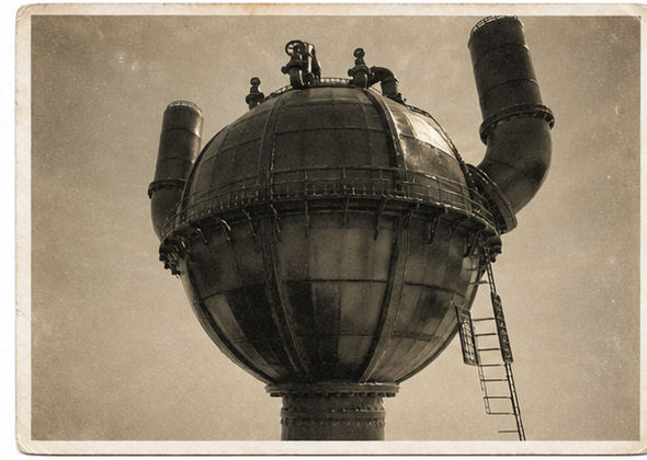 Lower angle view of a Malin desalination sphere with external ladders and paired intake stacks.