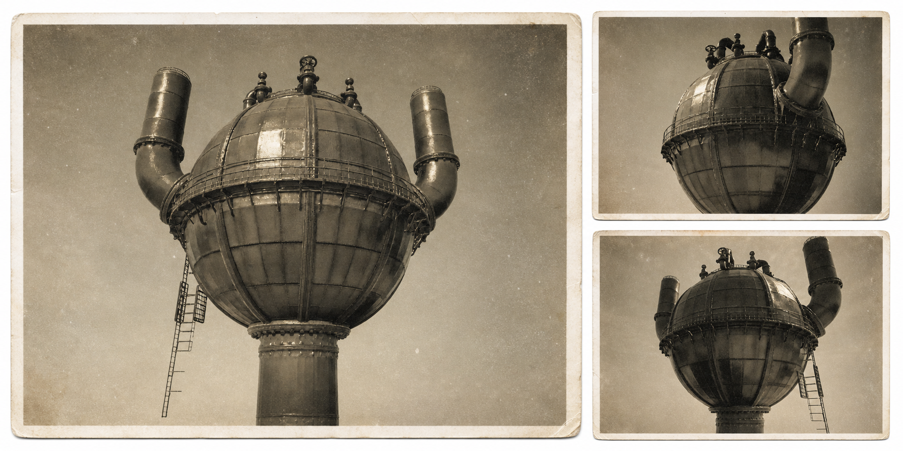 Archival contact sheet showing three views of a large spherical industrial desalination vessel with pipework and exterior ladders.
