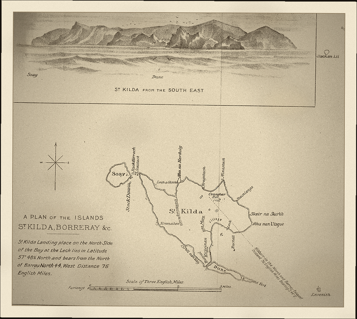 Aged archival plate showing an 1888 plan and coastal profile of St Kilda in the Outer Hebrides.
