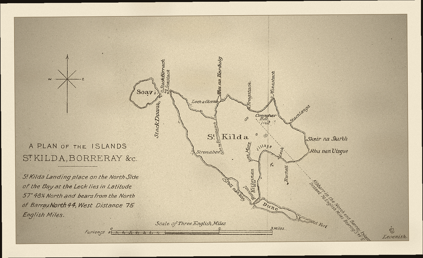 Aged detail plate from an old St Kilda map showing island outlines, bearings, landing notes, and scale.