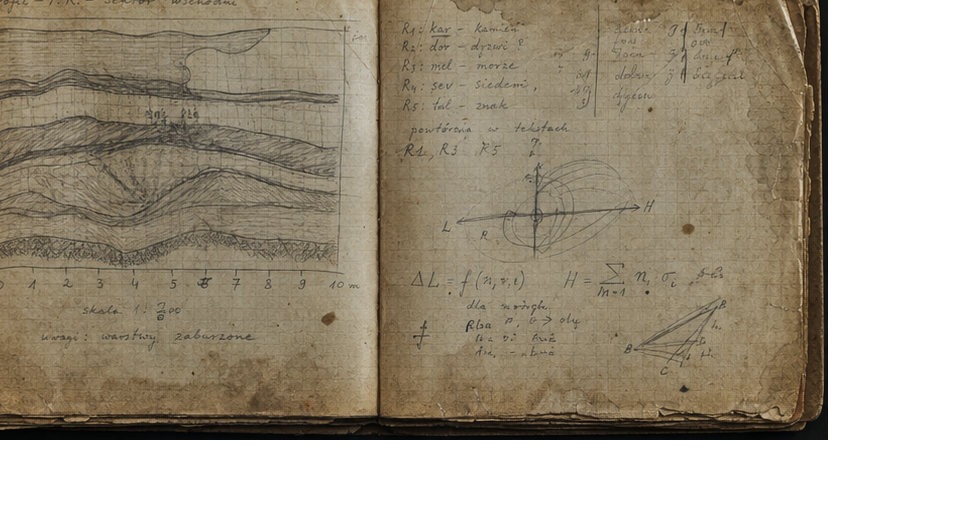Damaged field notebook pages with geological sketches, calculations, and handwritten marginal notes.
