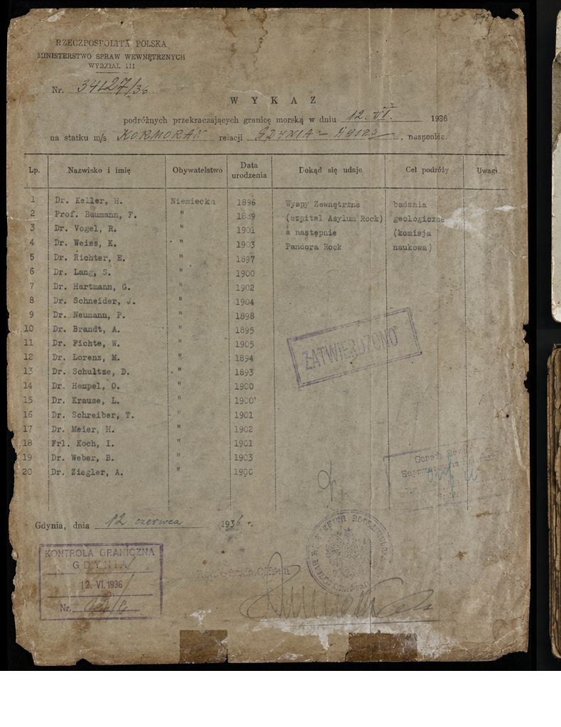Damaged Polish transit document with typed columns, official stamps, and handwritten corrections.