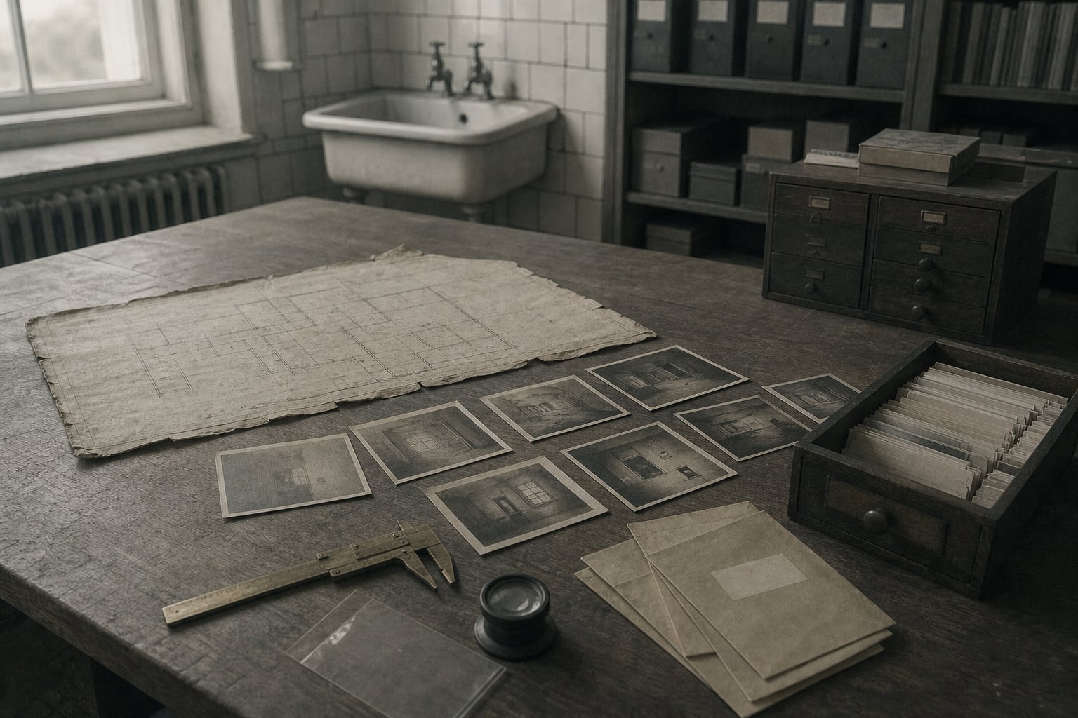 Archive comparison bench with a worn floor-plan fragment, photographic prints, measuring caliper, loupe, envelopes, and index drawer.