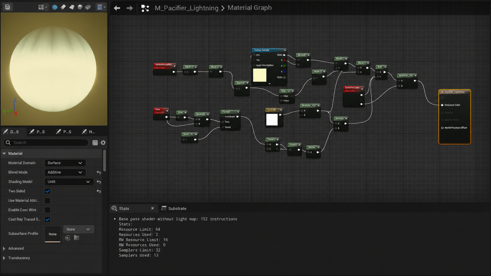 Unreal Engine Material Editor showing the additive unlit Pacifier lightning ribbon material and emissive graph.
