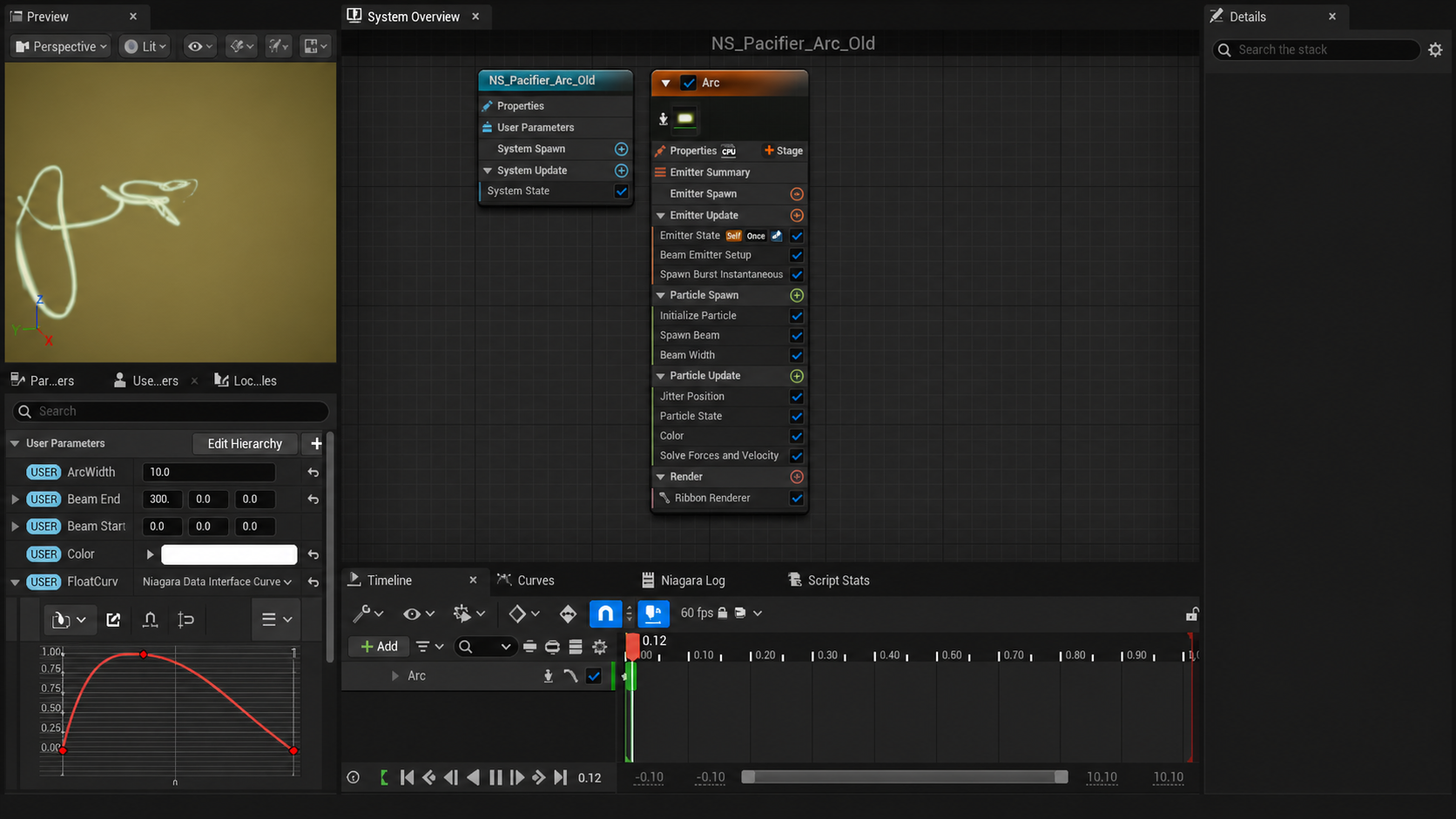 Unreal Engine Niagara editor showing the reusable Pacifier arc system, its ribbon emitter modules, user parameters, preview and lifetime curve.