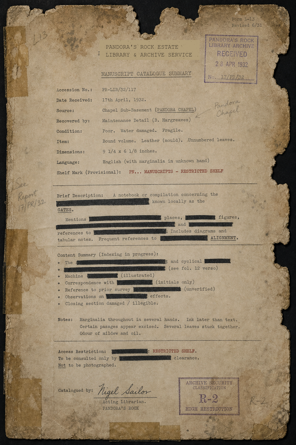 Damaged and partially redacted manuscript catalogue summary attributed to Nigel Sailor.