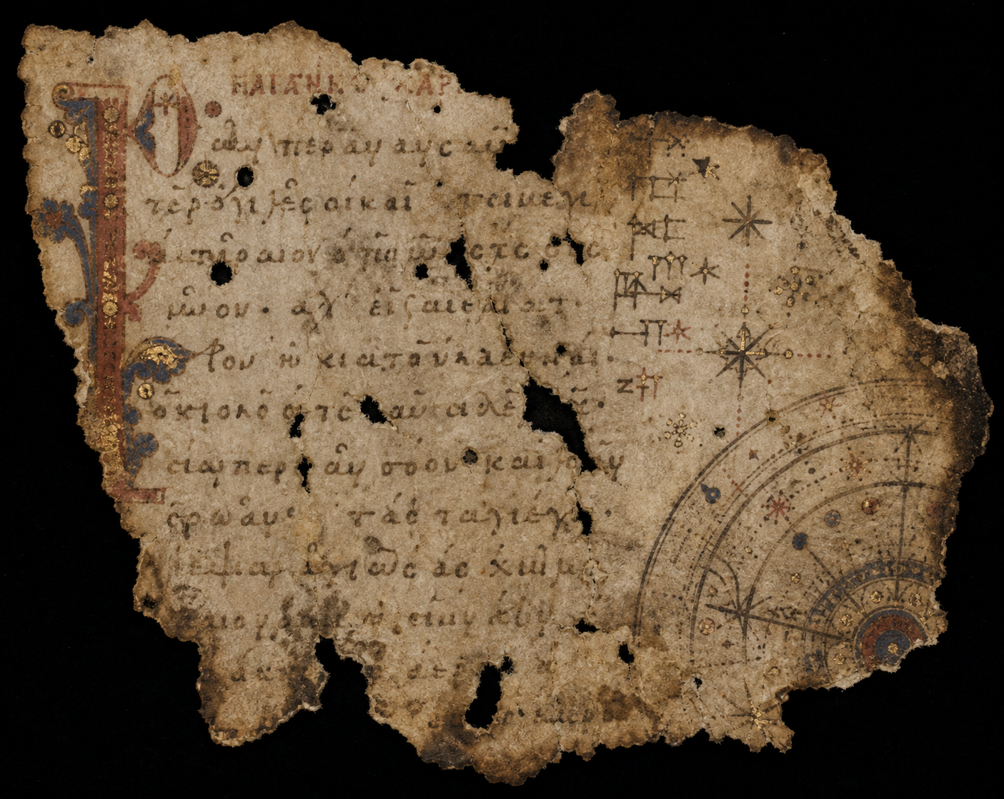 Small damaged illuminated manuscript fragment with faded Greek-like writing and partial astronomical markings.