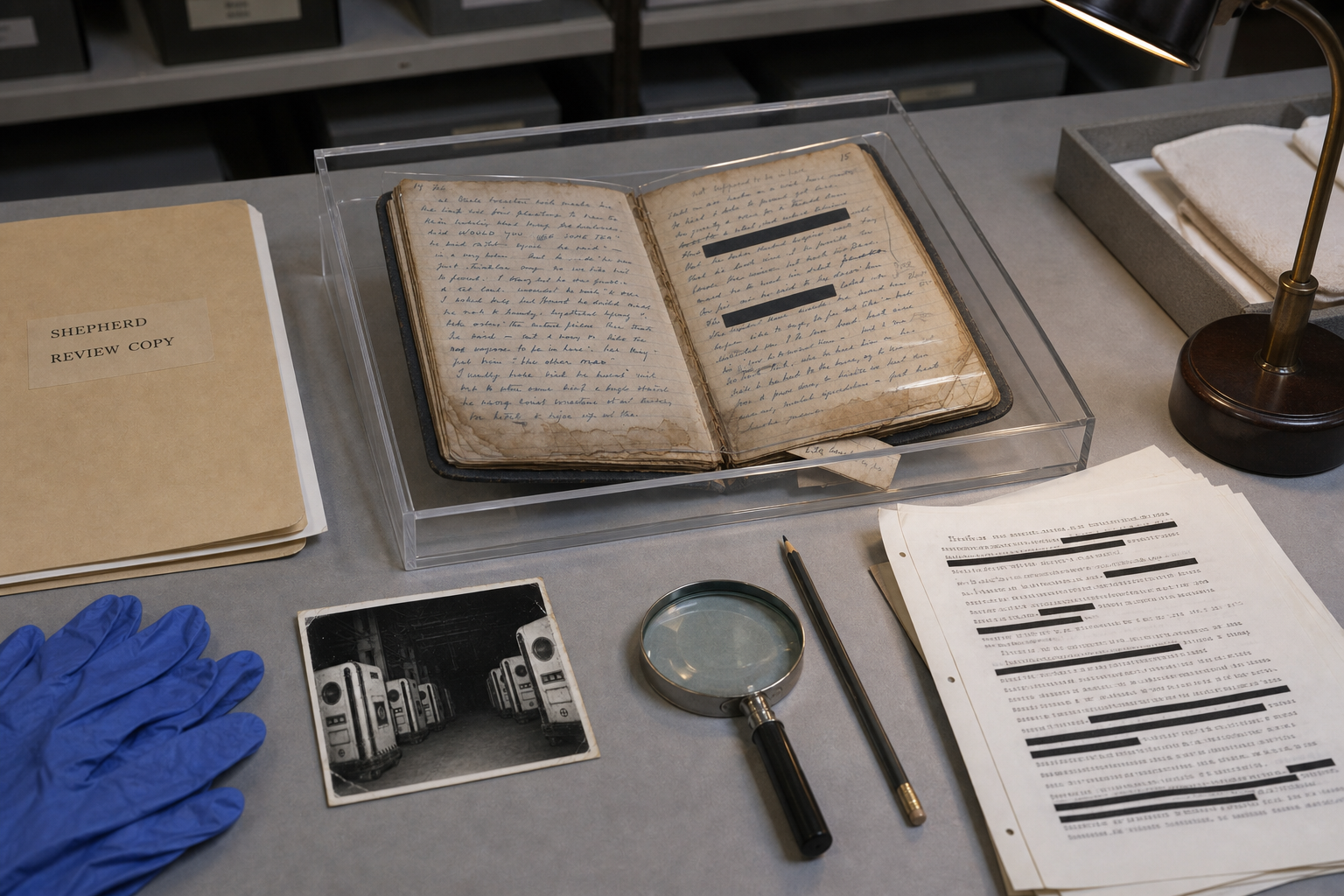 Institute conservation table holding Shepherd's diary, a BOB corridor print, and a redacted working transcription.