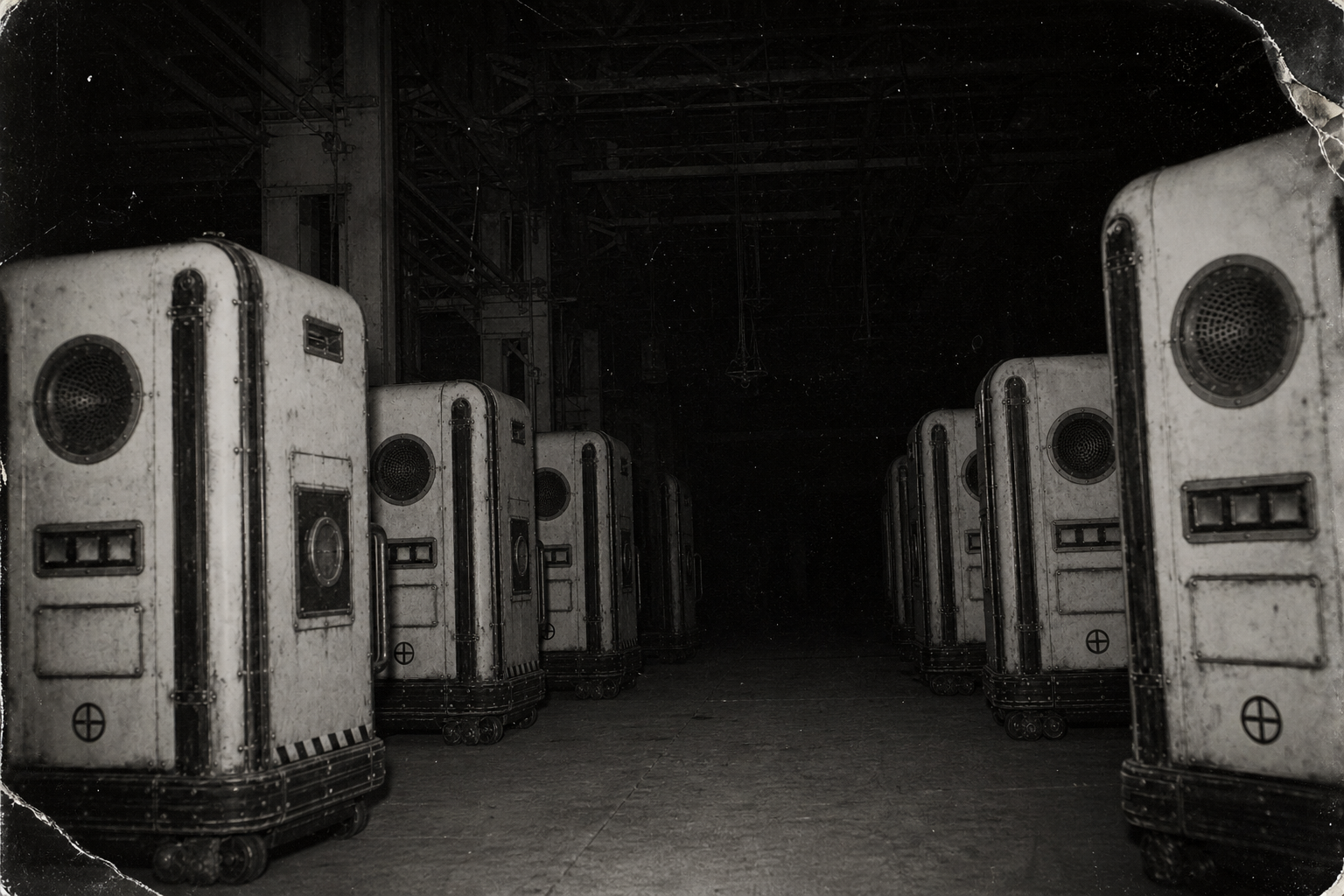 Damaged black-and-white photograph of ordinary BOB Orderly machines standing in two rows inside a dark assembly hall.