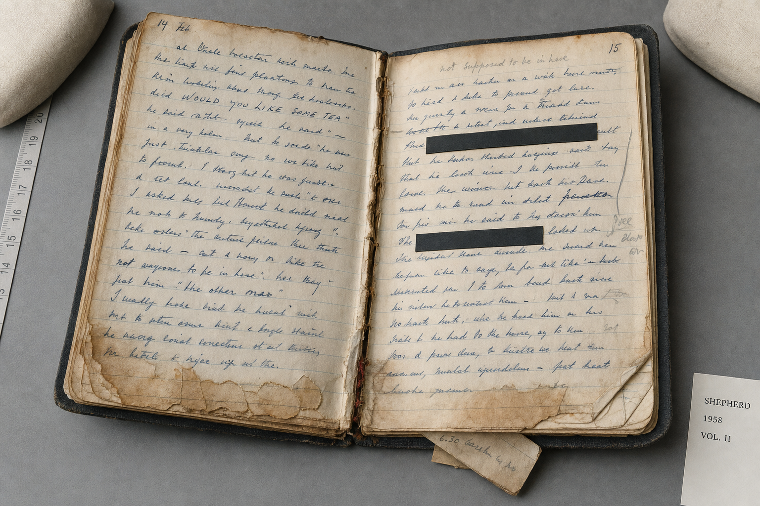 Open, water-damaged 1958 field diary with dense handwriting and two short archival redactions.