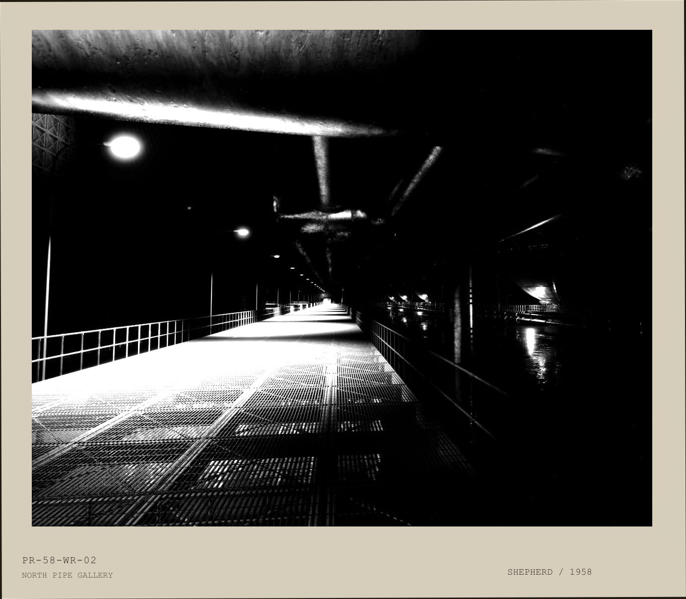 Black and white police archive photograph of a long pipe gallery and water reserve walkway disappearing into darkness.