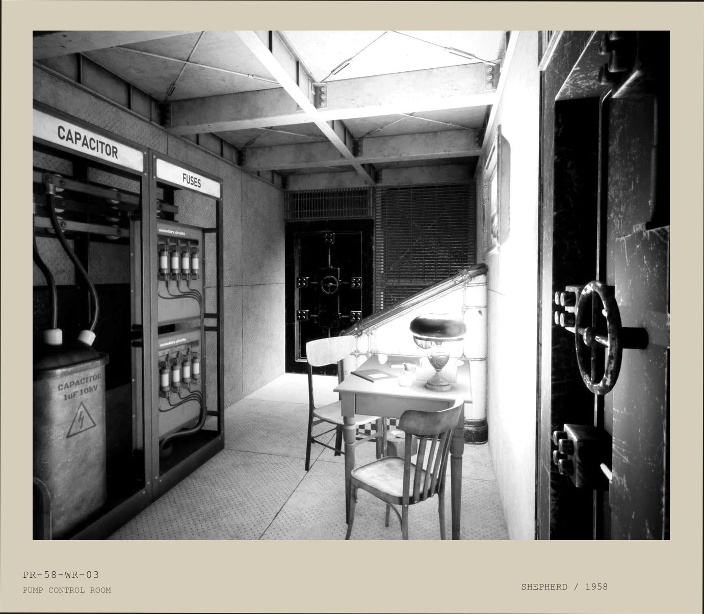 Black and white police archive photograph of a pump-control room with fuse cabinets, capacitor equipment, valve hardware, and a desk lamp.