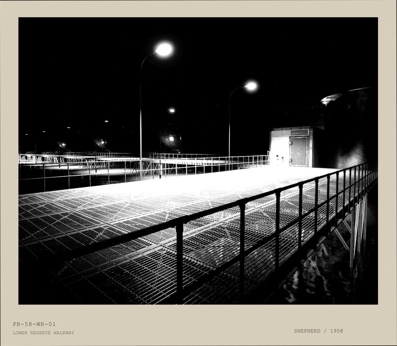 Black and white police archive photograph of a raised metal walkway crossing a dark subterranean water reserve.