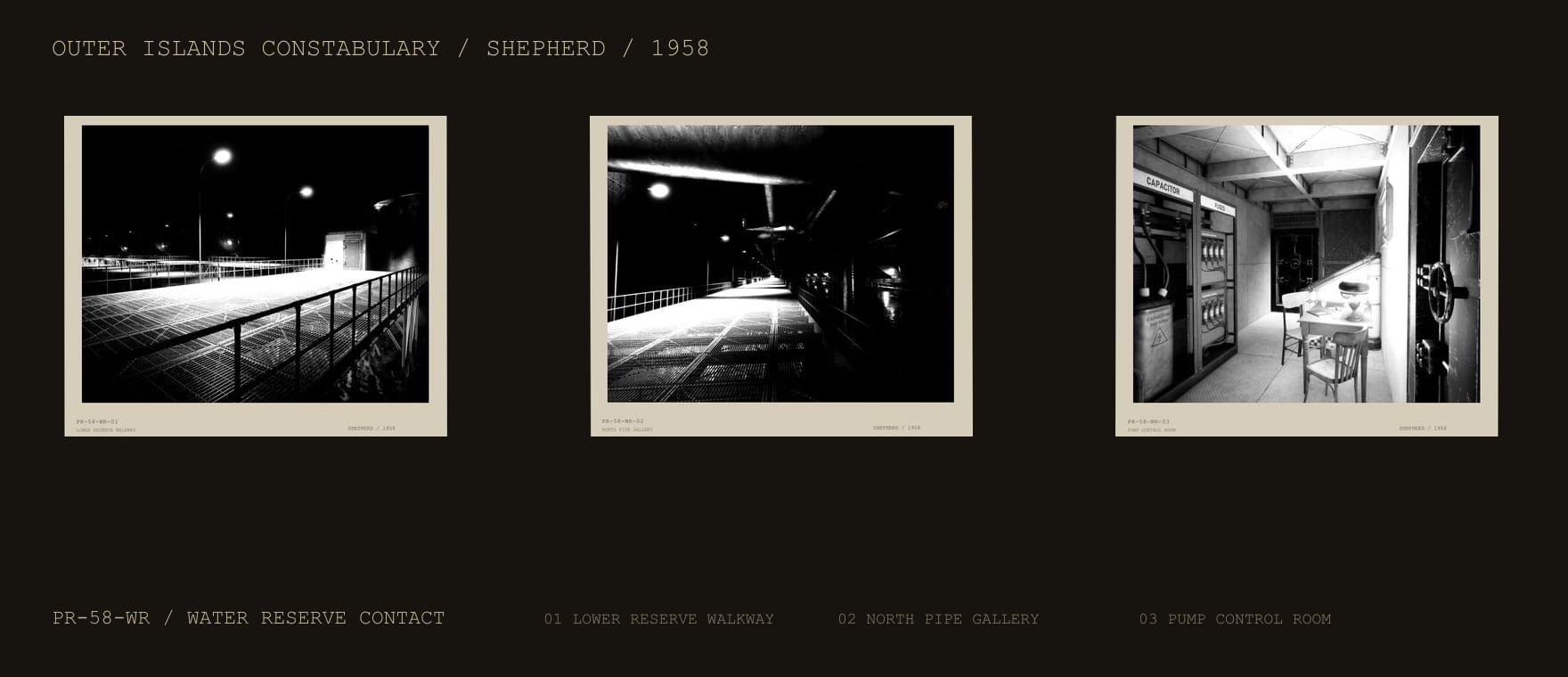 Contact print of three 1958 police archive photographs showing the Asylum Rock lower water reserve and pump-control room.
